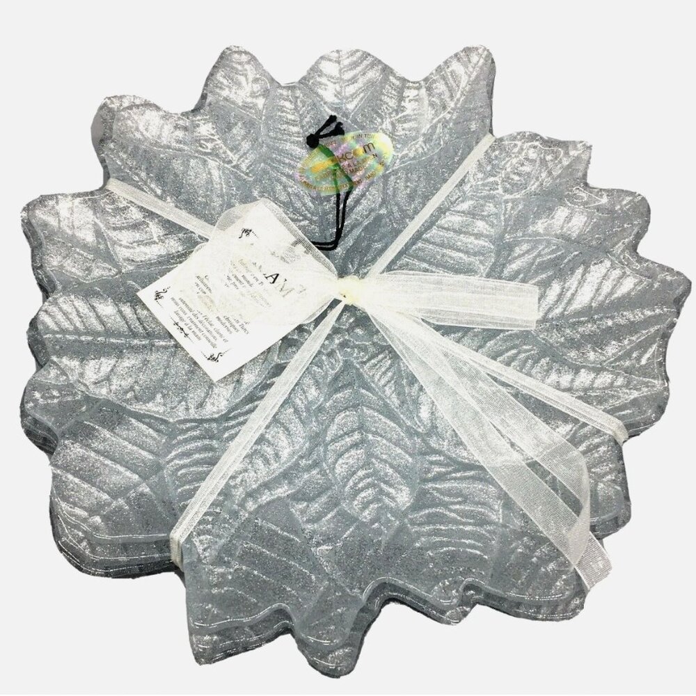 x4 Akcam Turkish Glass Silver Poinsettia Dessert Plate Set Glitter Christmas NEW
